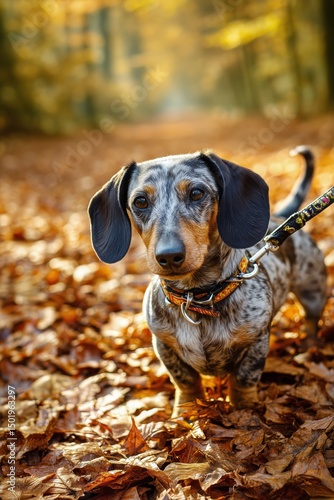 Dog Enjoys Autumn Walk in a Colorful Forest Surrounded by Fallen Leaves