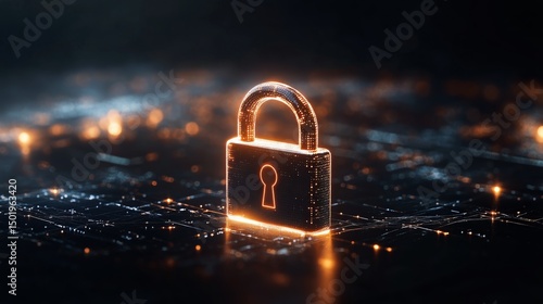 Golden Lock Surrounded by Magical Lights on a Rainy Street at Night