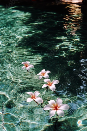 Frangipani Flowers Floating on Calm Water Create a Serene Oasis in a Tropical...