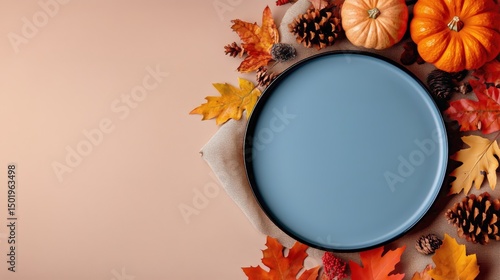 Autumn Decorations Surrounding a Pale Plate on a Light Background for a Seaso...