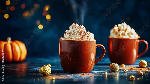Warm Mugs of Whipped Cream Topped Cocoa With Autumn Decorations in a Cozy Set...