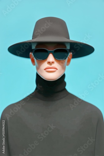 Fashion Model Poses in Stylish Hat and Sunglasses Against a Vibrant Blue Back...