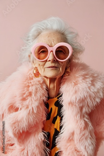 Stylish Elderly Woman Wearing Pink Sunglasses and a Bright Fur Coat During a ...