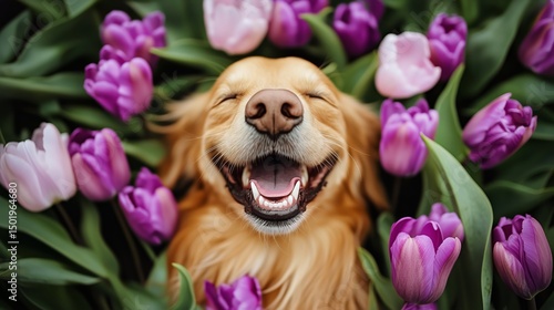 Golden Retriever Joyfully Smiling Among Colorful Tulips in a Vibrant Garden D...