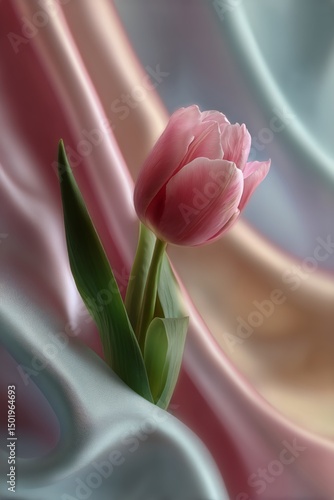 Elegant Pink Tulip Blooming Against Soft Satin Fabric Backdrop
