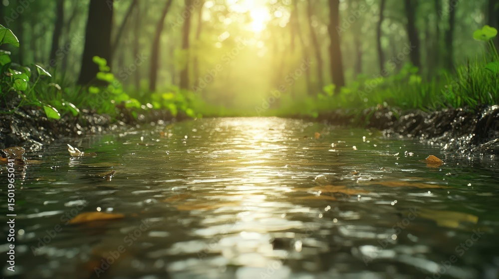 Fototapeta premium Serene forest stream illuminated by soft sunlight.