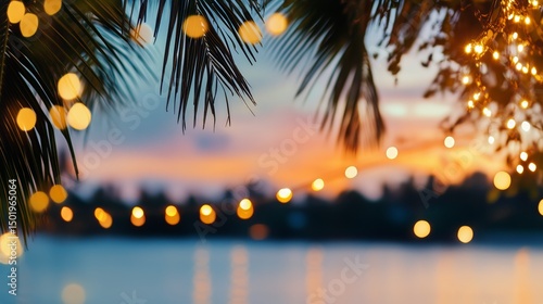 Twilight Over Calm Waters With Decorative Lights and Palm Trees During Sunset...