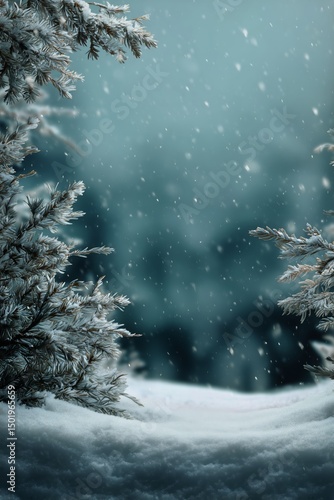 Snowflakes Gently Fall Among Evergreen Trees in a Serene Winter Landscape