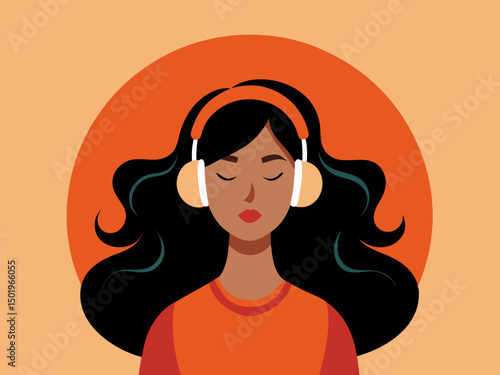Minimalist silhouette of woman enjoying music with orange headphones and peach colored background
