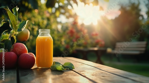 Fresh Apple Juice on a Wooden Table With Red Apples in a Sunny Garden at Gold...
