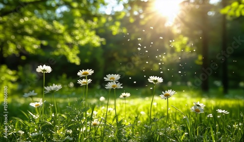 Daisies in Sunlight Under a Tree With Floating Particles During a Peaceful Af...