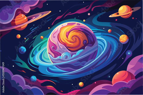 Colorful vector illustration depicting a swirling galaxy with vibrant planets and cosmic elements in a deep space setting