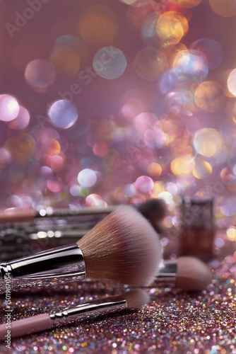 Makeup Tools on Sparkling Surfaces Create Vibrant Atmosphere for Beauty Enthu...