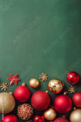 Colorful Christmas Ornaments Arranged on a Green Backdrop for Festive Decorat...