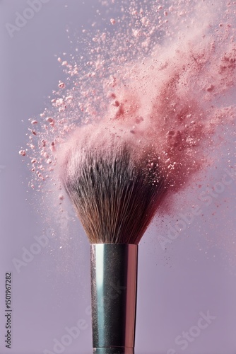 Makeup Brush Releasing Pink Powder Against a Pastel Background During a Beaut...
