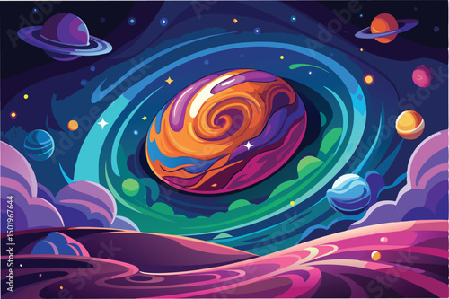 Colorful vector illustration depicting a swirling galaxy with vibrant planets and cosmic elements in a deep space setting