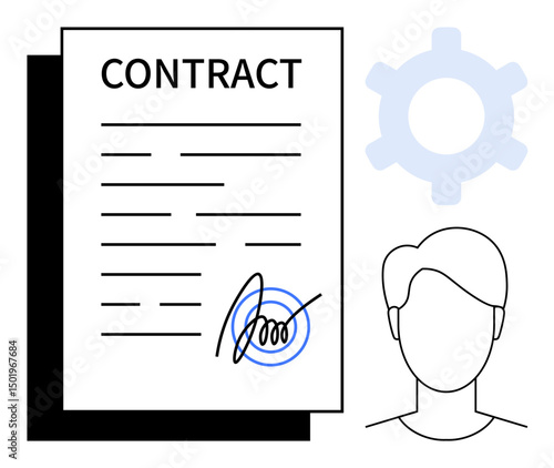 Contract document with handwritten signature beside gear icon and human profile. Ideal for agreement, partnership, employment, business deal, organization, professionalism, documentation. Flat simple