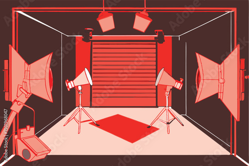 Creative studio workspace with lighting equipment and camera setup for professional photography and illustration projects