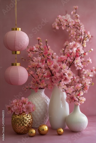 Elegant Floral Arrangement With Lanterns and Balloons in Soft Pink and Gold T...