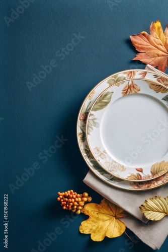 Autumn Inspired Table Setting With Leaves and Plates on a Textured Surface