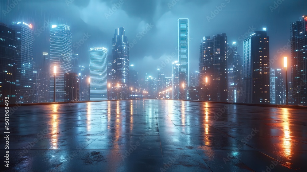 Obraz premium City skyline reflected on rain-soaked pavement under moody lighting.