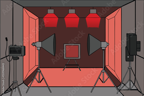 Creative studio workspace with lighting equipment and camera setup for professional photography and illustration projects
