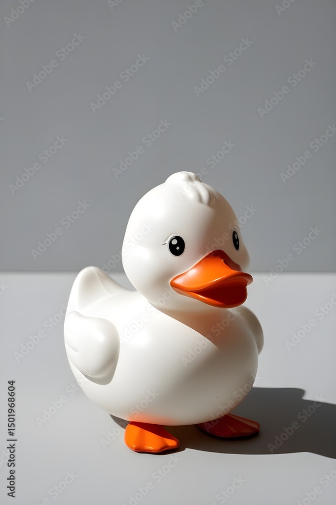 a cute, white rubber duck toy with an orange beak and feet on a plain White background. a cute, white rubber duck toy with an orange beak and feet on a plain White background.