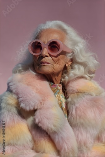 Senior Woman Exudes Style in Pastel Fur Coat and Large Sunglasses Against Pin...