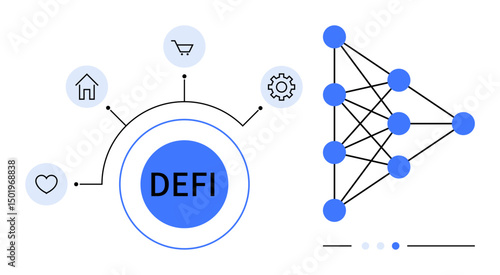 DeFi hub with interconnected icons for home, shopping, settings, and heart. Right-side node diagram representing decentralized networks. Ideal for fintech, blockchain, innovation, AI links digital