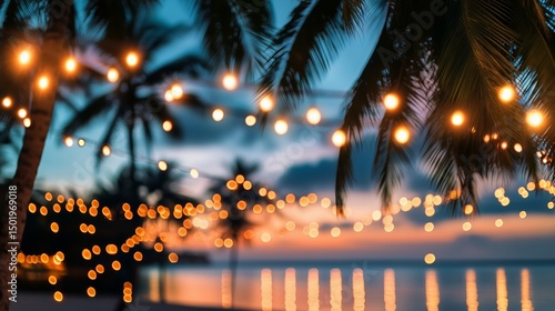 Evening Beach Ambiance With Warm Lights and Sunset Over the Water
