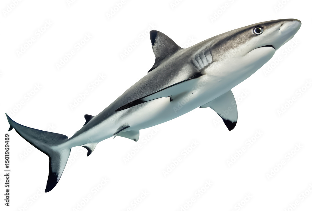 Fototapeta premium Reef shark png grey reef shark png tropical ocean shark png marine predator png underwater wildlife png aggressive shark species png transparent background