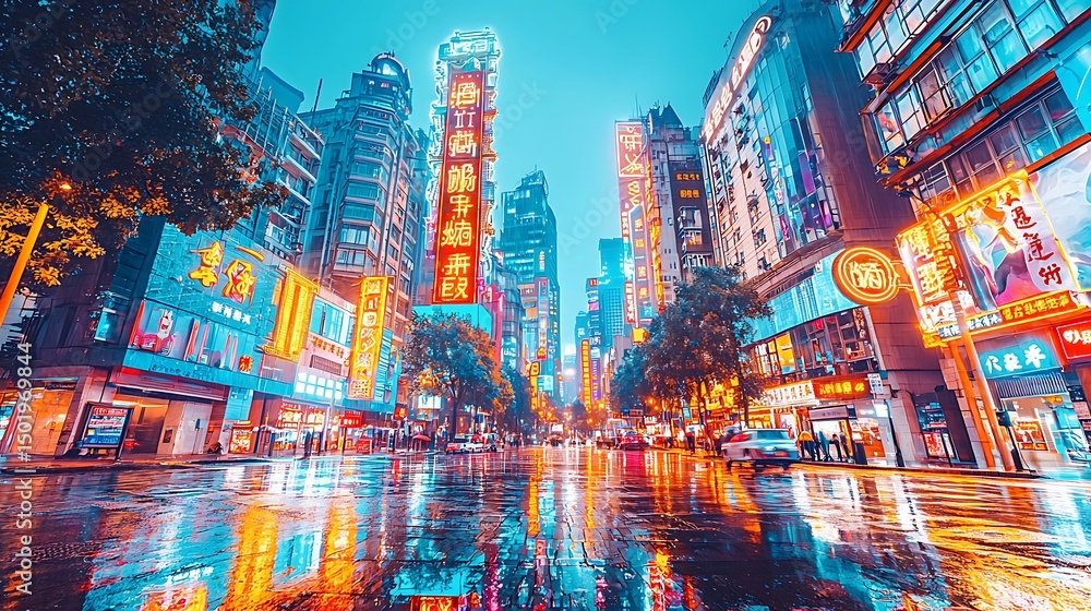 A rainy urban street at night with neon signs reflecting on the wet asphalt, casting vibrant colors and creating a dramatic and striking night-time scene A rainy urban street at night with neon signs reflecting on the wet asphalt, casting vibrant colors and creating a dramatic and striking night-time scene