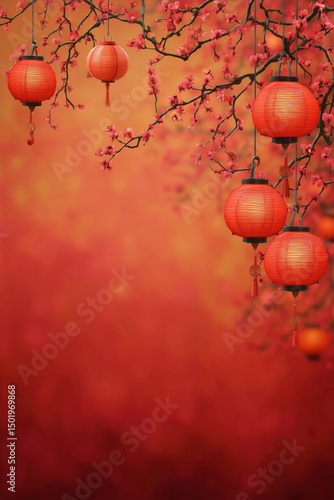 Colorful Lanterns Hanging From Cherry Blossom Branches During a Festive Celeb...