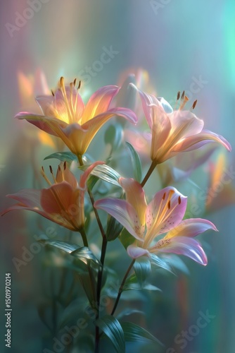 Beautiful Pink Lilies Illuminated by Soft Light in a Serene Setting During th...