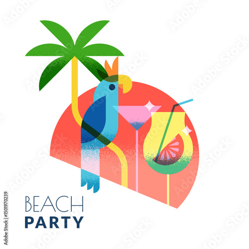 Beach cocktails bar club label, logo design. Vector illustration. Palm, parrot, two cocktails on sunset sun background
