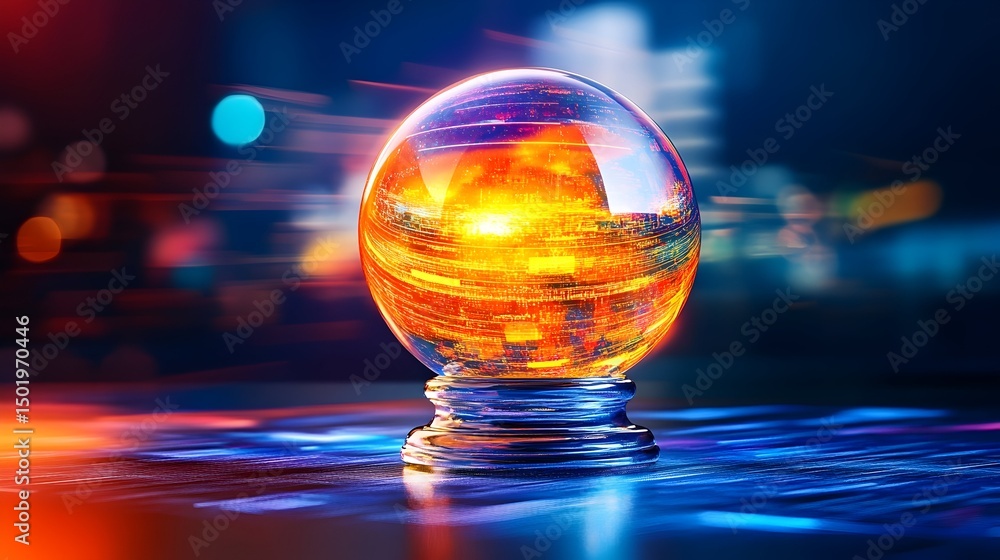 A luminous crystal ball rests on a dark, reflective surface, its interior glowing with fiery, data-like patterns, set against a blurred, vibrant cityscape backdrop A luminous crystal ball rests on a dark, reflective surface, its interior glowing with fiery, data-like patterns, set against a blurred, vibrant cityscape backdrop