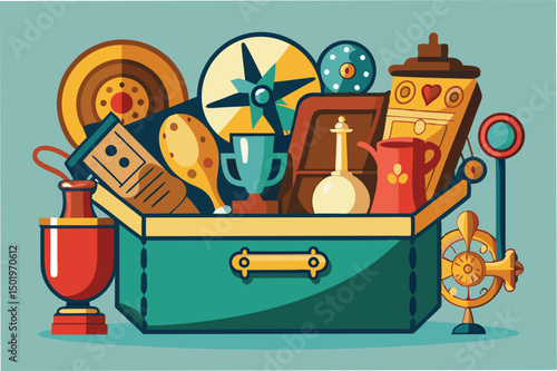 Colorful vector illustration of a treasure chest filled with various collectibles and antiques showcasing a variety of styles and shapes