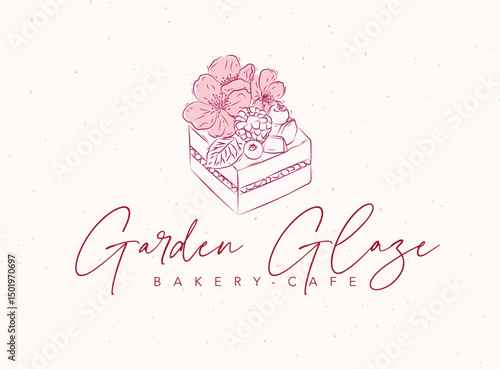 Bakery cafe label design with lettering golden glaze drawing in floral style on beige background