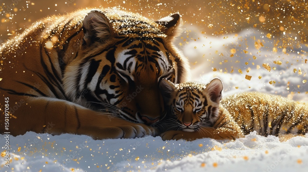 Obraz premium Majestic Tiger and Playful Cub Resting Together in the Snowy Landscape