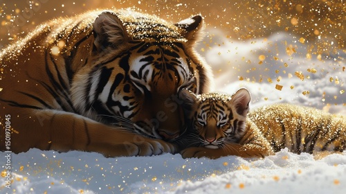 Majestic Tiger and Playful Cub Resting Together in the Snowy Landscape