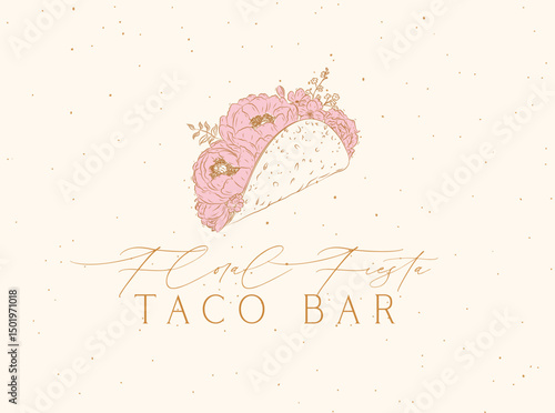 Taco bar label design with lettering floral fiesta drawing on beige background