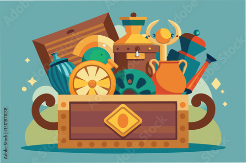 Colorful vector illustration of a treasure chest filled with various collectibles and antiques showcasing a variety of styles and shapes