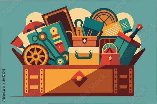 Colorful vector illustration of a treasure chest filled with various collectibles and antiques showcasing a variety of styles and shapes