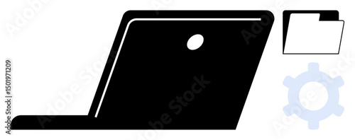 Modern laptop beside a file folder and gear, evoking concepts of technology, productivity, digital file organization, and configuration. Ideal for tech, data, workflow, IT business education flat