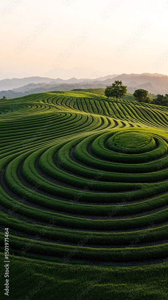 Aerial View of Lush Green Terraced Farmland at Sunrise Aerial View of Lush Green Terraced Farmland at Sunrise