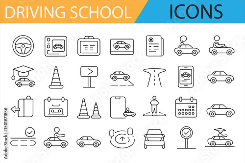 Collection of icons representing car, learner’s license, and driving school concepts.