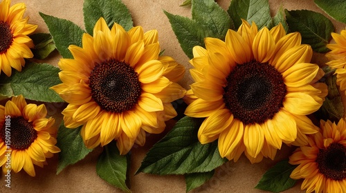 Wallpaper Mural   A group of sunflowers with yellow petals on a brown background and green leaves atop them Torontodigital.ca