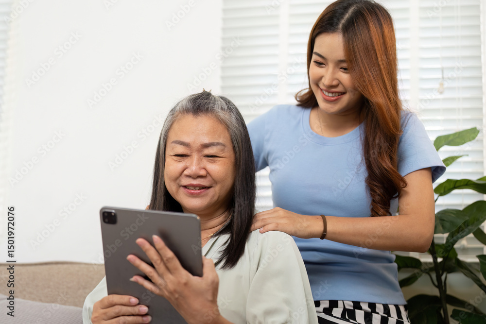 Wellness and Technology. Mother and daughter enjoying digital connection at home. Wellness and Technology. Mother and daughter enjoying digital connection at home.