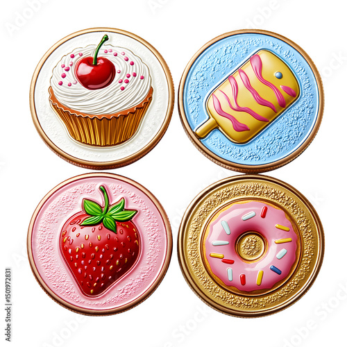 different colorful embossed coins each featuring a different dessert icon: a cupcake with cherry, bitten donut with sprinkles, melting popsicle, wrapped candy, and a cheerful strawberry