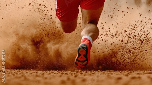 A runner in red shorts kicking up a cloud of dirt while sprinting forward.